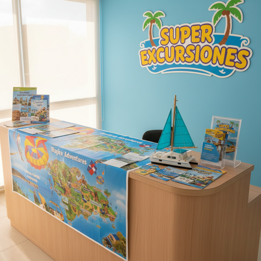 Una mesa de recepción de excursiones moderna de madera clara y bordes redondeados, decorada con mapas desplegados de la República Dominicana, folletos coloridos de aventuras acuáticas y un modelo en miniatura de catamarán blanco con velas azul turquesa. Detrás, una pared azul celeste presenta un gran logo de “SUPER EXCURSIONES” con tipografía divertida y tropical, rodeado de ilustraciones de palmeras y olas. La escena está iluminada con luz natural suave que entra por un ventanal lateral, creando reflejos cálidos sobre la madera. La atmósfera es acogedora, confiable y juguetona. Composición fotográfica en plano medio, con perspectiva ligeramente elevada y enfoque claro en los detalles del mostrador, estética limpia, moderna y muy colorida.