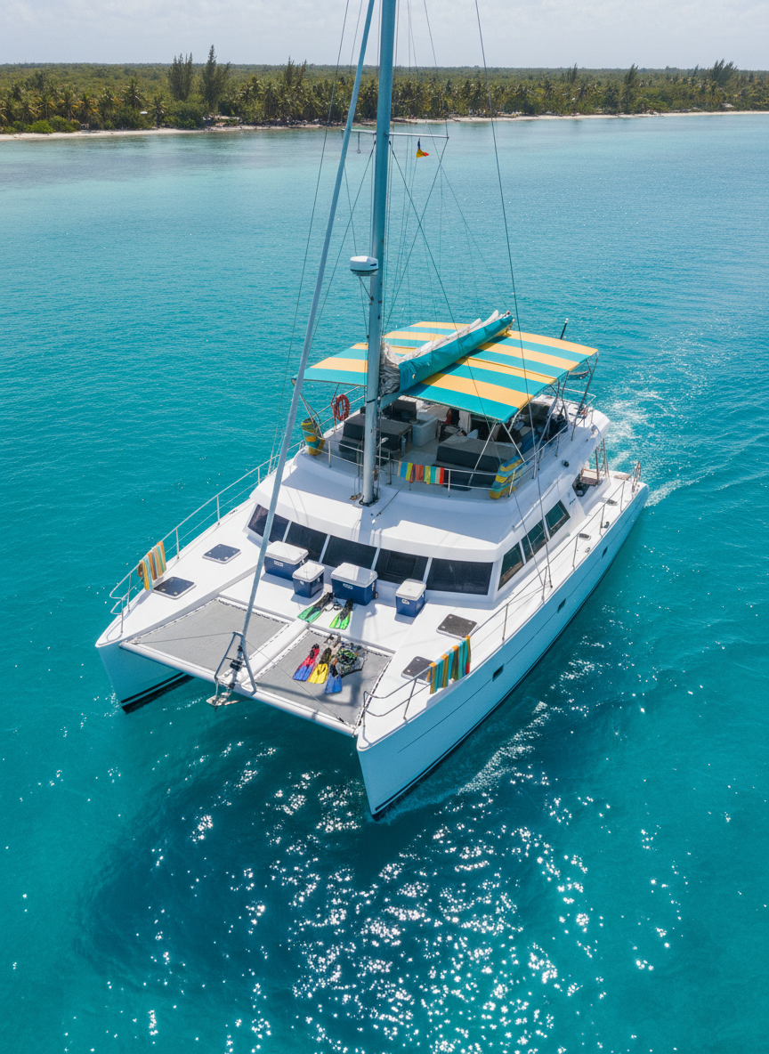 Un catamarán turístico de dos cascos blancos impecables navega sobre aguas caribeñas de un azul transparente, con velas recogidas y una gran estructura superior sombreada en tela color turquesa y amarillo. Sobre la cubierta se ven neveras de playa, equipo de snorkel ordenado y toallas enrolladas de rayas multicolor apoyadas en la barandilla metálica brillante. El horizonte muestra una línea de costa con palmeras y vegetación densa. La luz de media tarde es intensa, produciendo reflejos chispeantes en la superficie del agua y destellos sobre el metal pulido. Composición fotográfica aérea ligeramente elevada, capturando el catamarán en el centro con el mar ocupando la mayor parte del encuadre. El ambiente es festivo, relajado y muy vacacional, con estética vibrante y realista.